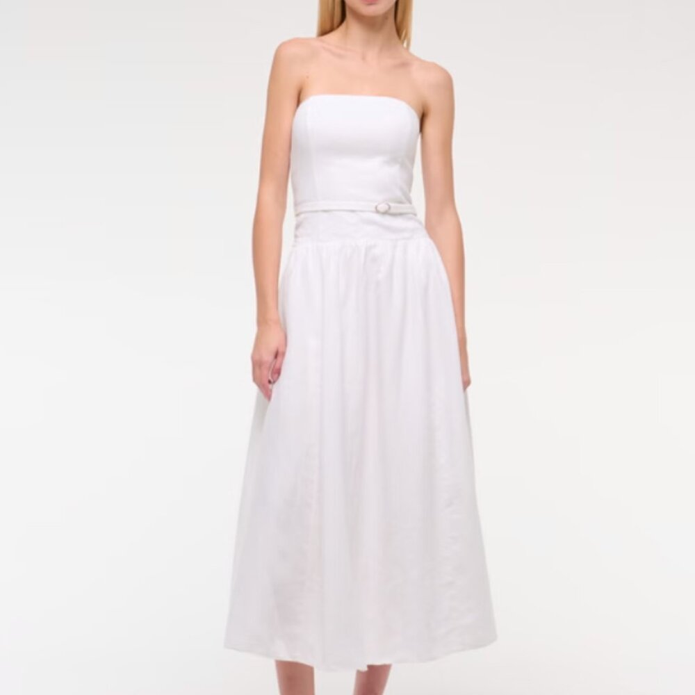 Premium Linen Drop-Waist Belted Midi Dress